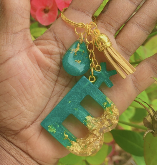 Green & Gold Flake Ombre Alphabet Resin Keychain