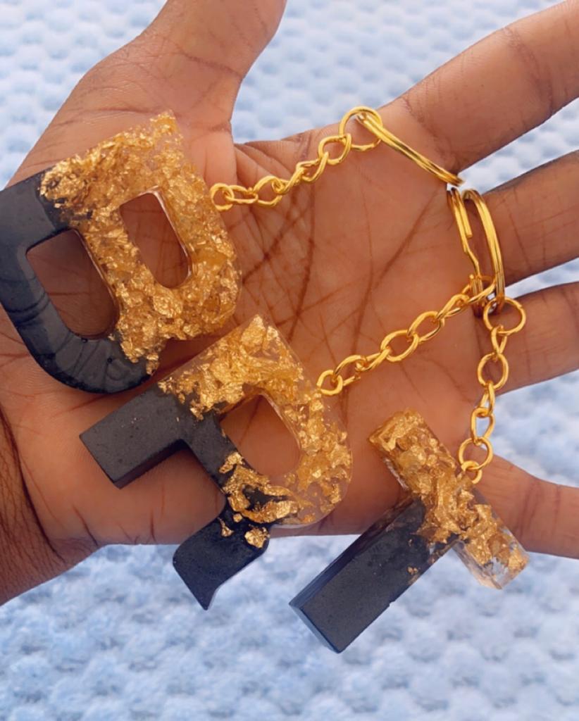 Black & Gold Flake Ombre Alphabet Resin Keychain