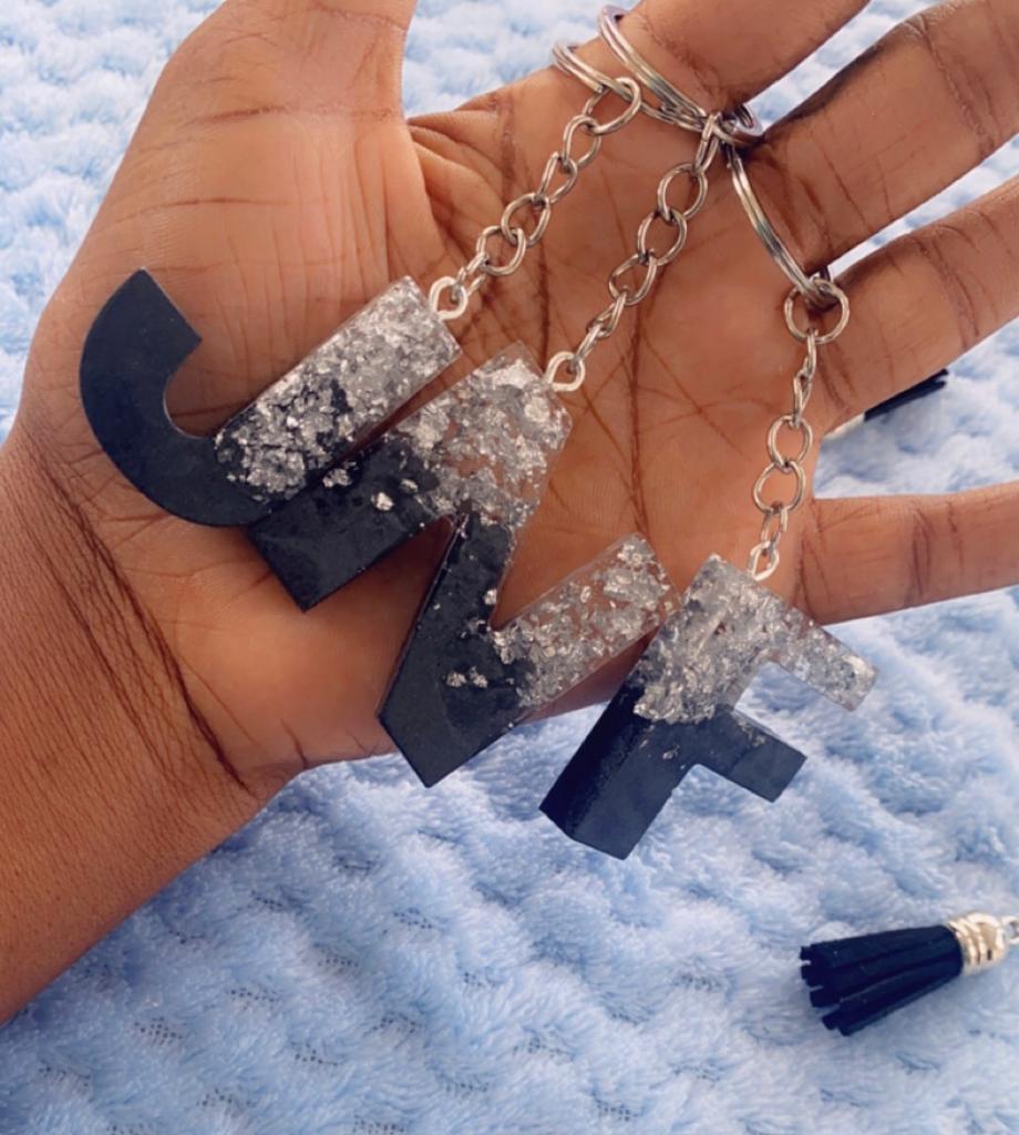 Black & Silver Flake Ombre Alphabet Resin Keychain