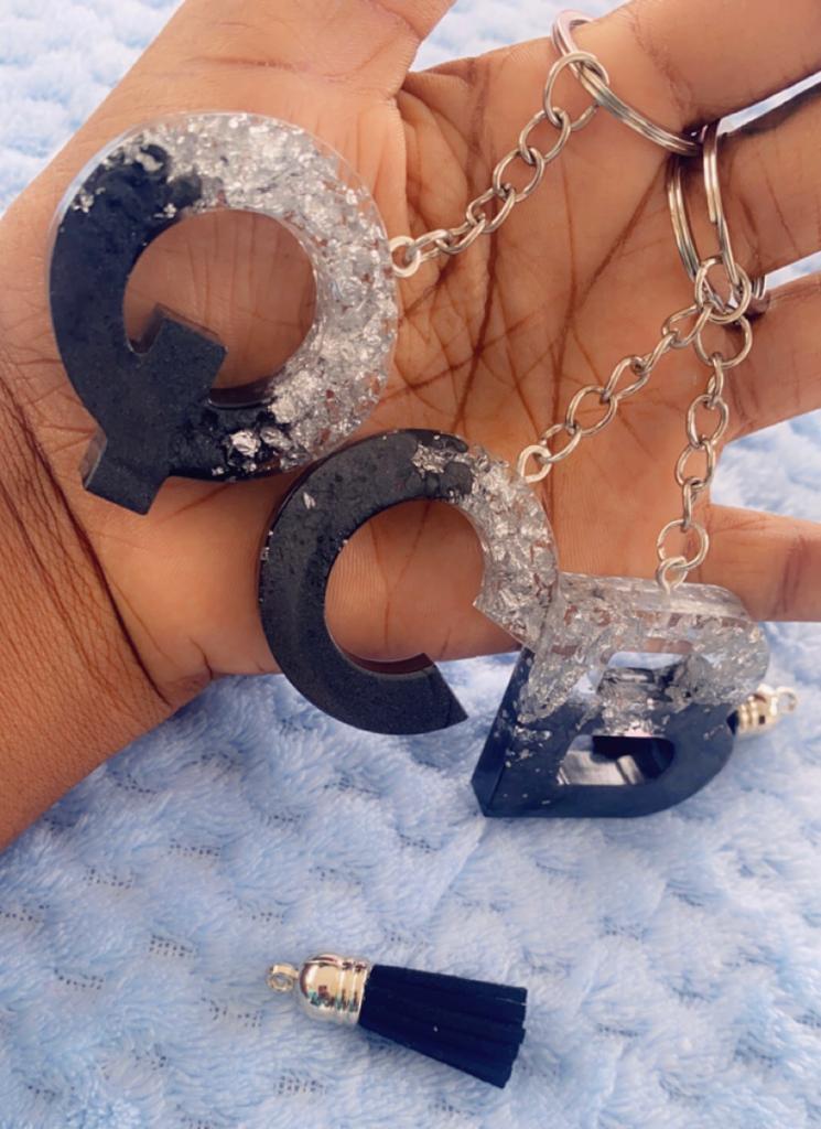 Black & Silver Flake Ombre Alphabet Resin Keychain