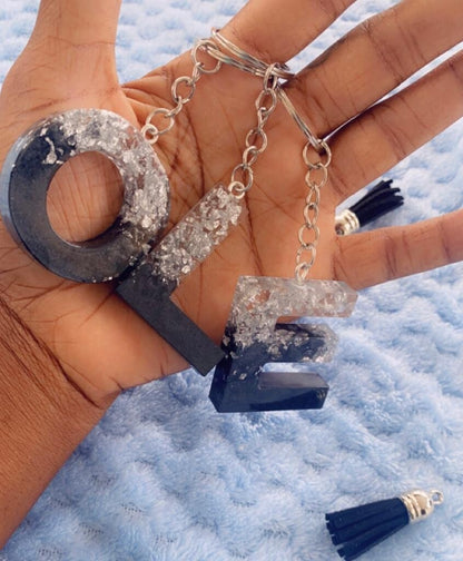 Black & Silver Flake Ombre Alphabet Resin Keychain