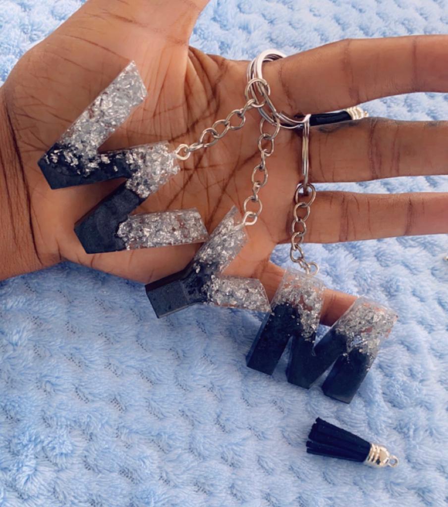 Black & Silver Flake Ombre Alphabet Resin Keychain