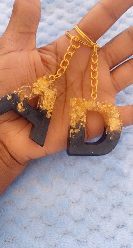 Black & Gold Flake Ombre Alphabet Resin Keychain