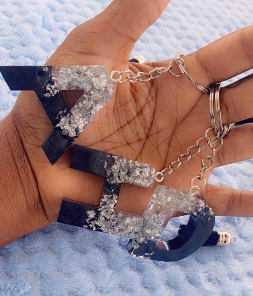 Black & Silver Flake Ombre Alphabet Resin Keychain