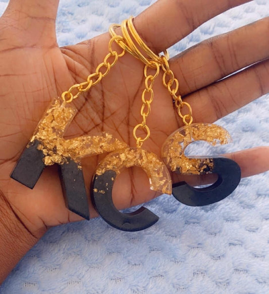 Black & Gold Flake Ombre Alphabet Resin Keychain