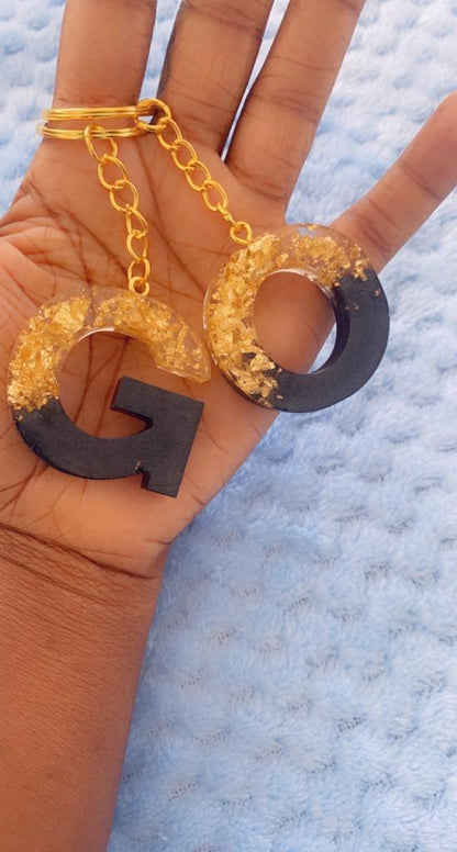 Black & Gold Flake Ombre Alphabet Resin Keychain