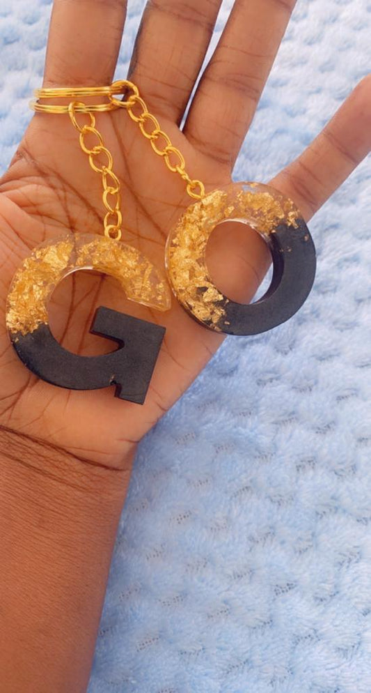 Black & Gold Flake Ombre Alphabet Resin Keychain