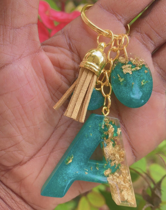 Green & Gold Flake Ombre Alphabet Resin Keychain