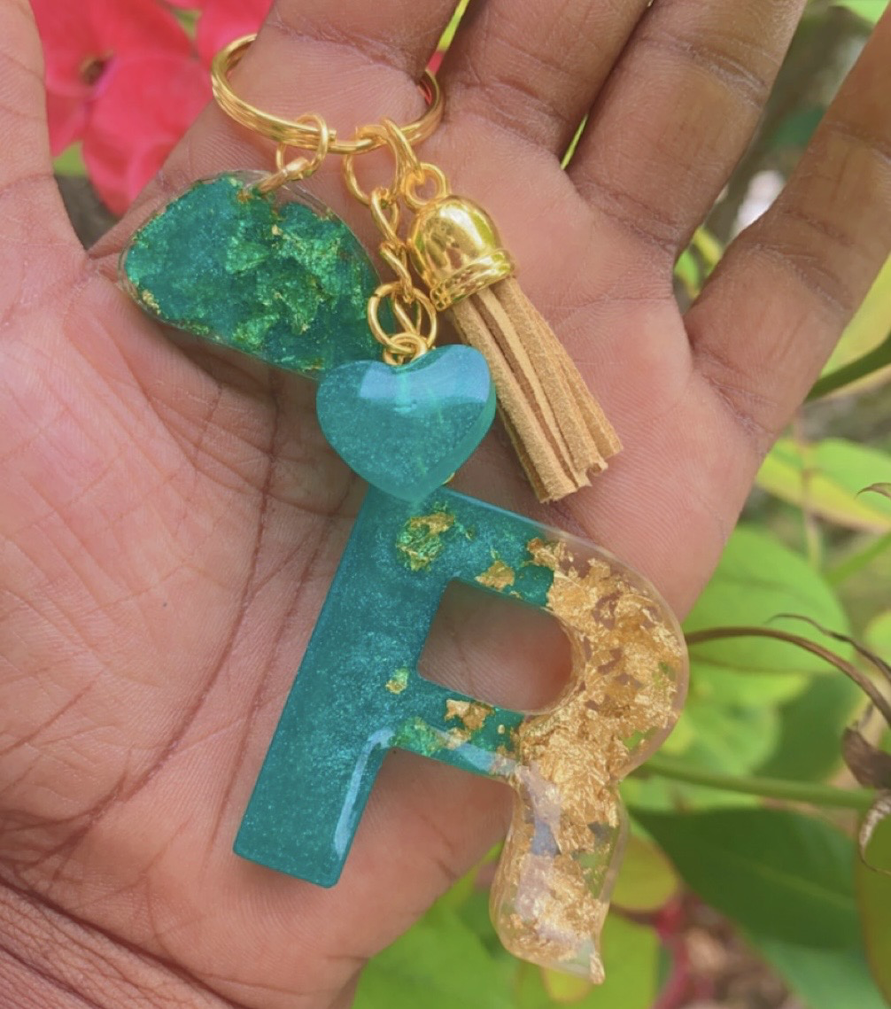Green & Gold Flake Ombre Alphabet Resin Keychain
