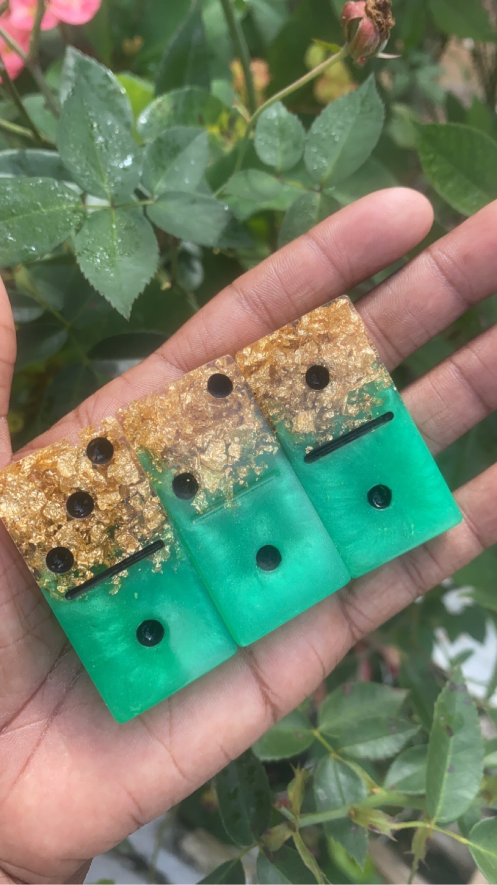 Green and Gold Flakes Ombre Domino Resin