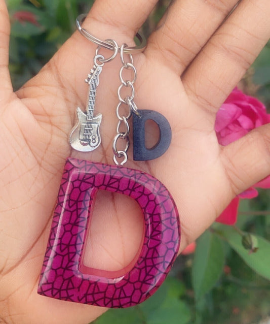 Dark Pink and Black Pattern Alphabet Resin Keychain